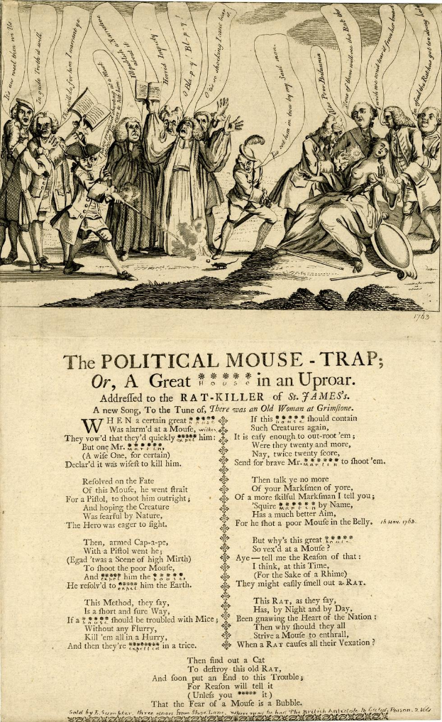 Politischer Cartoon mit dem Titel "Die politische Mausefalle, oder, ein großer Rattenkiller in Aufruhr" zeigt besorgte Menschen in einer chaotischen Szene.