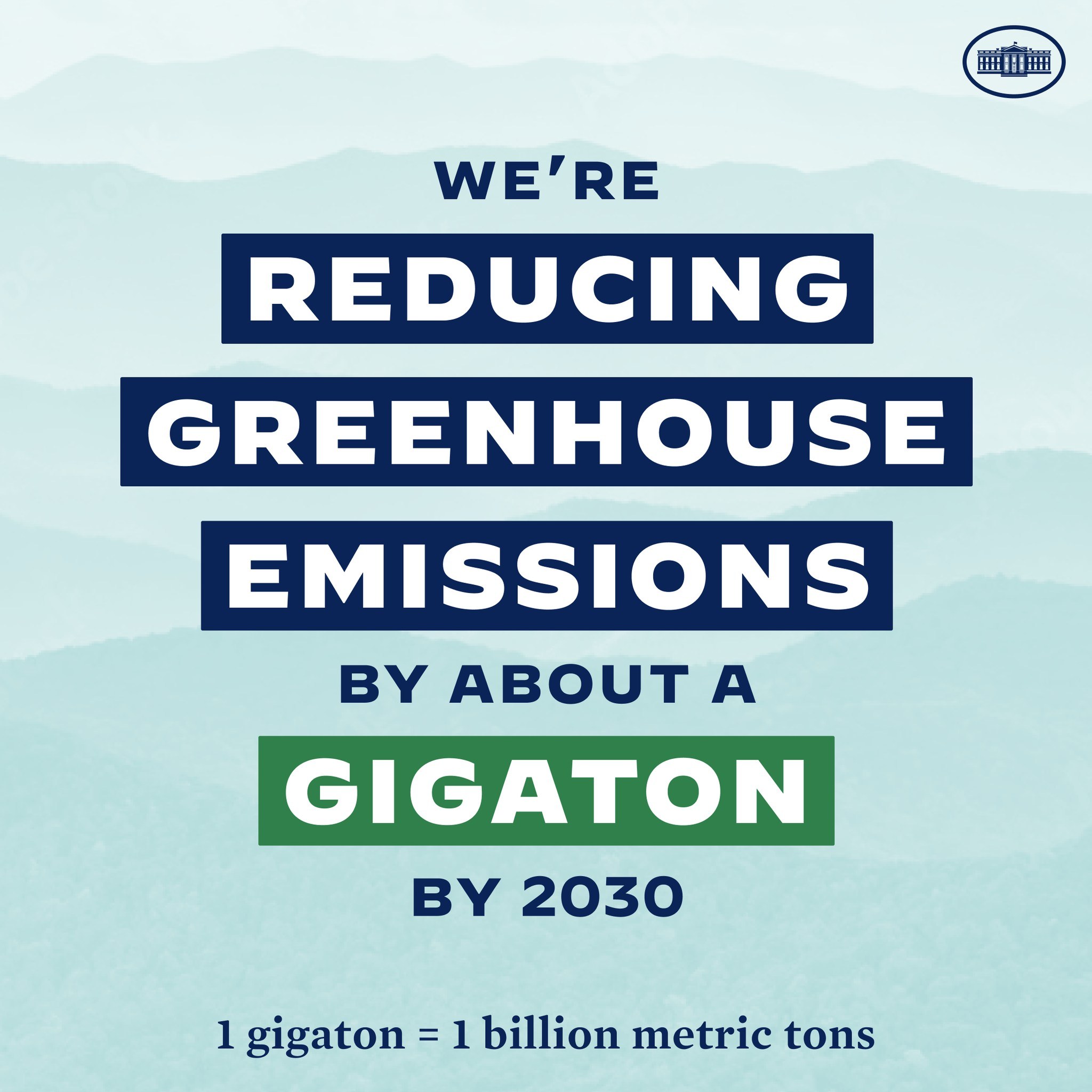 Plakat mit Text und Logo, das "Wir reduzieren die Treibhausgasemissionen bis 2030 um etwa eine Gigatonne" fordert und für eine signifikante Reduzierung der Treibhausgasemissionen bis 2030 wirbt.