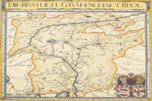 Eine detaillierte Karte der ersten deutschen Grafschaft Tirol, die geographische Elemente wie Fl├╝sse, Berge und St├Ądte sowie informativen Text und Bilder enth├Ąlt.