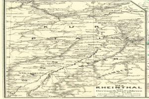 Ein detaillierter alter Stadtplan des Rheins in Deutschland, der Flüsse, Städte und Gewässer zeigt, mit beschreibendem Text oben und unten.