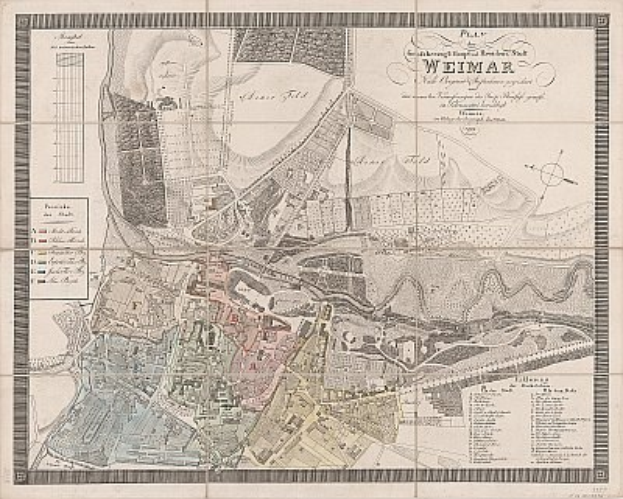 Ein detaillierter alter Stadtplan von Weimar, Deutschland, der Straßen, Gebäude, Sehenswürdigkeiten und Text mit Informationen über die Bevölkerung und bemerkenswerte Merkmale zeigt.