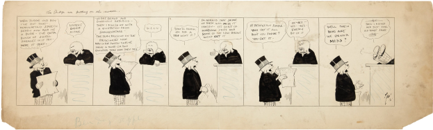 Ein Comic-Strip-Panel mit einem Mann in einem Zylinder und einer Frau in einem Kleid, die in eine Diskussion vertieft sind, wobei der Mann ein Stück Papier hält.