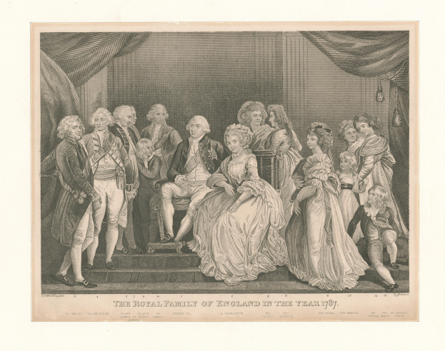 Eine Gruppenporträtaufnahme der englischen Königsfamilie im Jahr 1787, die auf einer Treppe steht und sitzt, mit einer Vorhangwand im Hintergrund, begleitet von Text am unteren Rand.