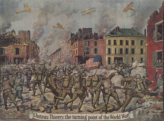 Ein Plakat zeigt eine chaotische Szene von Menschen mit Waffen und einer Fahne, mit Gebäuden im Hintergrund und Flugzeugen am Himmel, mit Text unten, der "Château-Thierry, die Wende des Ersten Weltkriegs" lautet.