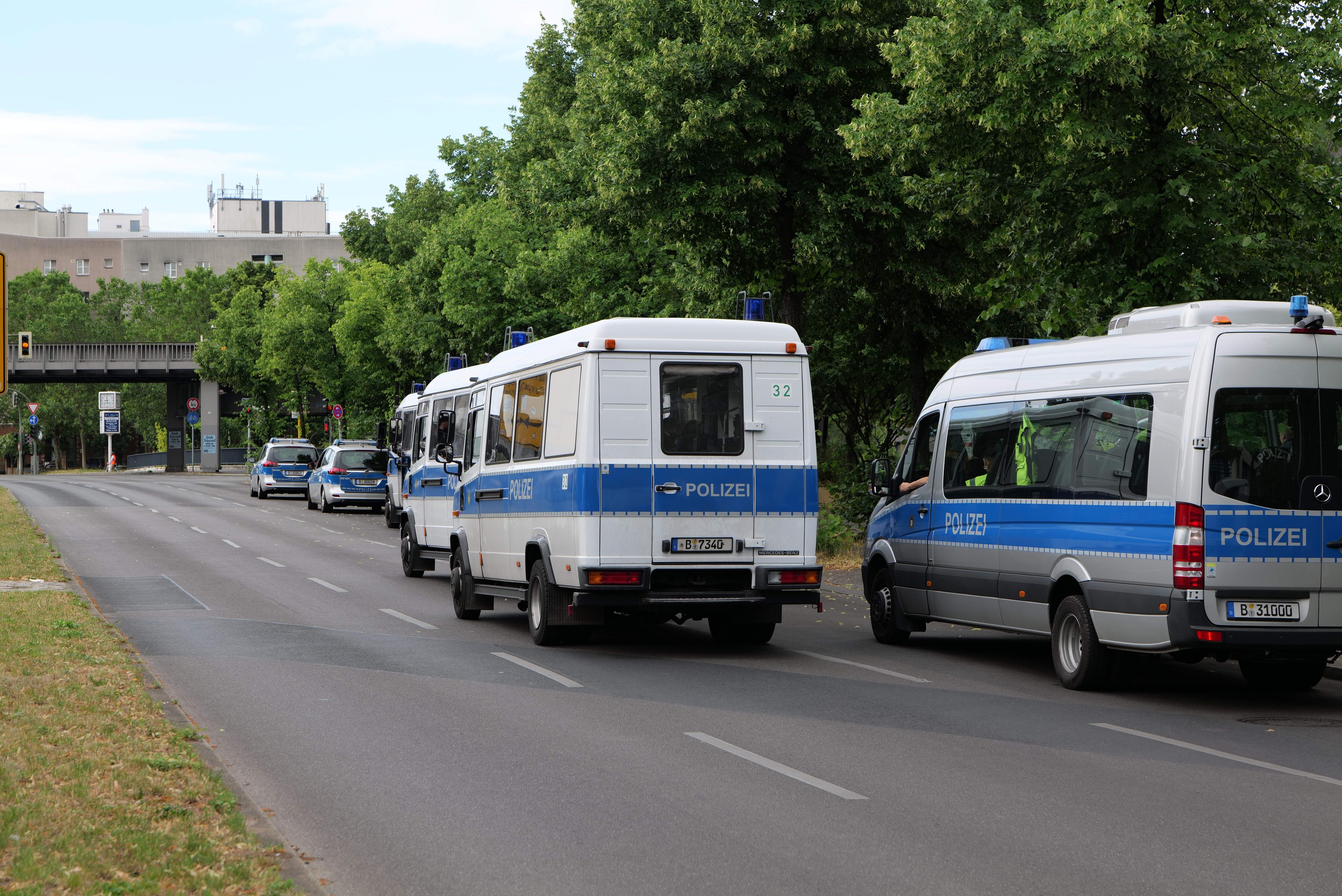 Eine Reihe von Polizeiwagen, die entlang einer Straße mit Gras, Bäumen, Schildern, Pfählen, einer Brücke, Gebäuden und einem bewölkten Himmel im Hintergrund geparkt sind.