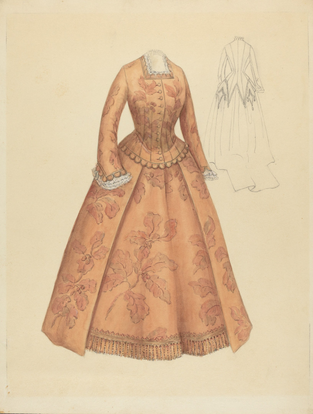 Ausführliches 18. Jahrhundert Kostüm-Entwurf-Drawing einer bodenlangen Robe mit hohem Kragen, floral gemustertem Oberteil in Rosa, Lila und Blau und einer Spitzenbesetzten Rock gegen einen hellblauen Hintergrund.