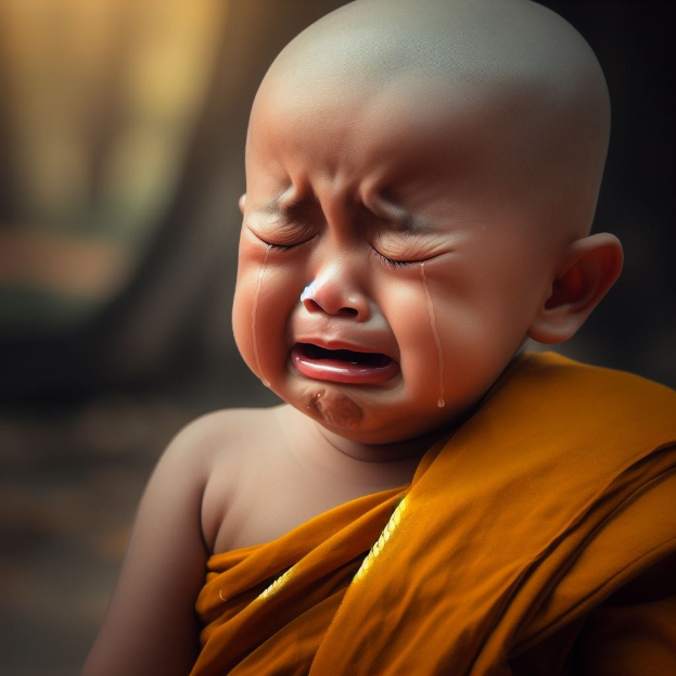 Ein Baby mit Tränen im Gesicht, geschlossene Augen und offener Mund in Not, vor einem unscharfen Hintergrund.