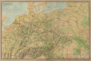 Ein detailliertes altes Deutschland-Karte, das Straßen, Autobahnen und geografische Merkmale mit Text oben und unten zeigt.
