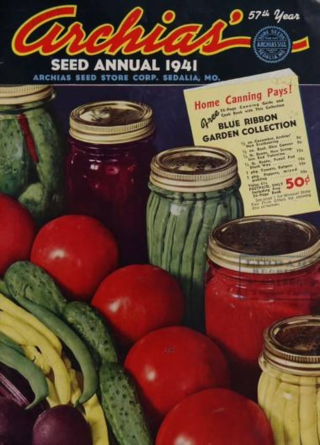 Ein Buch mit dem Titel "Archias Saatgut-Jahrbuch 1941", das Tomaten, Gurken, Paprika und bunte Gläser mit Gemüse auf dem Cover zeigt.