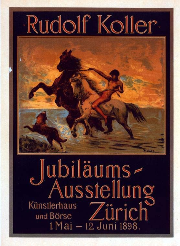 Plakat für die Jubiläumsausstellung von Rudolf Koller in Zürich 1898, das einen Reiter auf einem Pferd zeigt.