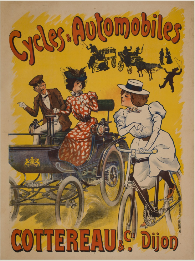 Plakat für Fahrräder und Automobile in Cottereau und Dijon, Frankreich, zeigt Menschen, die Fahrräder fahren und eine Kutsche mit "Fahrräder und Automobile" oben drauf.