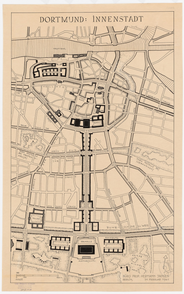 Ein detaillierter Stadtplan von Dortmund, Deutschland, mit Text oben und unten, der Straßen, Gebäude und Sehenswürdigkeiten zeigt.