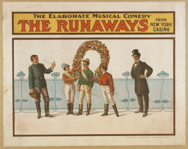 Plakat für "Elaborate Musical Comedy Runaways from New York Casino" mit einer Reihe von Personen und einem zentralen Figur mit einem Blumenstrauß und Werbetext.