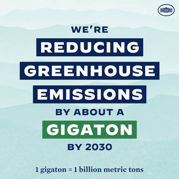 Plakat mit Text und Logo, das "Wir reduzieren die Treibhausgasemissionen um etwa eine Gigatonne bis 2030" fordert, um die Treibhausgasemissionen bis 2030 zu reduzieren.