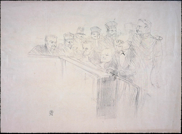 Schwarz-weiß-Zeichnung eines Gerichtssaals mit einer Gruppe von Menschen, die an einem unordentlichen Tisch sitzen, einige mit ernster und andere mit besorgter Miene, umrahmt von einem schwarzen Rand.