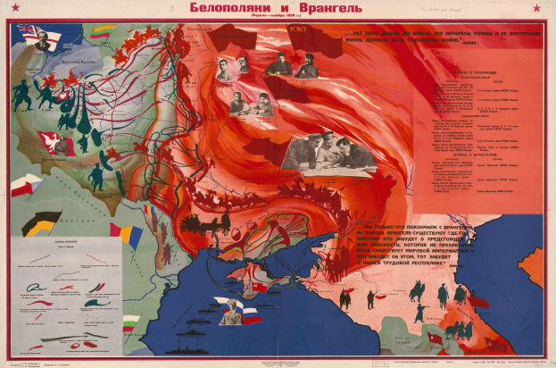 Plakat, das Karten des sowjetischen Reichs und der russischen Empire vergleicht, mit Bildern und Texten über den Krieg annotiert.
