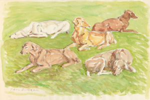 Ein realistische Gemälde von mehreren Dackeln, die auf einem leuchtend grünen Feld unter einer strahlenden Sonne liegen.