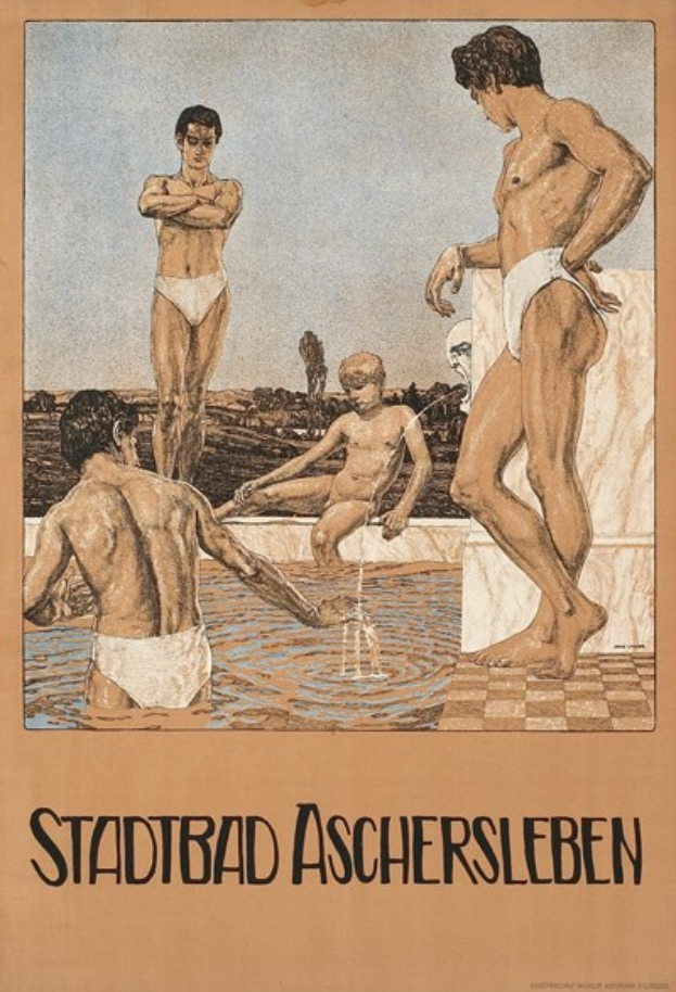 Ein Plakat, das ein Schwimmbad in Aschersleben ankündigt und Menschen im Wasser zeigt.