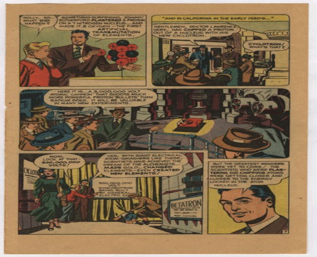 Eine Comicseite mit einem Mann in einem blauen Anzug, weissem Hemd und roter Krawatte mit einem ernsten Gesichtsausdruck, umgeben von einer Collage von Bildern und fetter schwarzer Schrift.