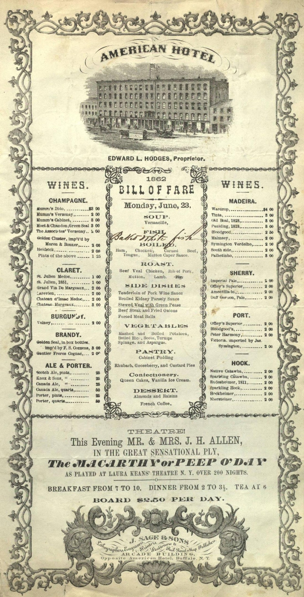 Altes Buch mit dem Titel "American Hotel Bill of Fare von 1862" mit einer Abbildung eines Gebäudes auf dem Cover, das detaillierte Texte über Gastronomiebetriebsangebote enthält.