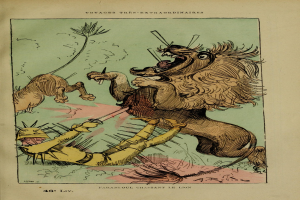 Buchumschlag mit einem Löwen, der einen Mann mit einem Schwert angreift; der Mann trägt einen Helm und hält das Schwert in seiner rechten Hand.