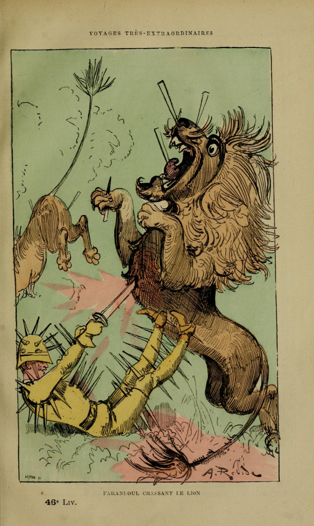 Buchumschlag mit einem Löwen, der einen Mann mit einem Schwert angreift; der Mann trägt einen Helm und hält das Schwert in seiner rechten Hand.