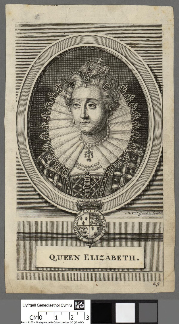 Porträt der Queen Elizabeth I. von England in königlicher Aufmachung mit Krone und Tiara, ihre Haare zu einem Dutt gebunden, vor grauem Hintergrund, blickt zur Seite mit einem würdevollen Gesichtsausdruck.