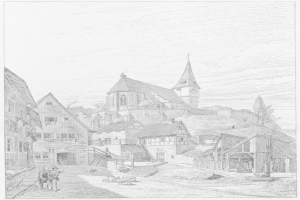 Eine Schwarz-Weiß-Zeichnung einer StraßenSzene in Heidelberg, Deutschland, mit der Kirche der Heiligen Dreifaltigkeit im Hintergrund, umgeben von Gebäuden, Menschen, Tieren, Bäumen und einem Himmel. Der Text "Die Kirche der Heiligen Dreifaltigkeit im alten Stadtkern von Heidelberg, Deutschland" wird unten im Bild angezeigt.