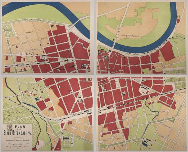 Eine detaillierte Karte der Stadt Offenbach, Deutschland, die Straßen, Gebäude und Sehenswürdigkeiten zeigt, mit Text, der zusätzliche Informationen bietet.