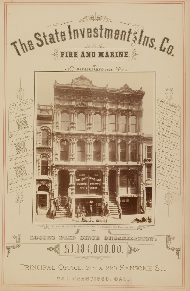 Ein altes Buch mit einem zentralen Bild eines hohen Wolkenkratzers mit einem prominenten Eingang, umgeben von Text und Zahlen, mit dem Text "The State Investment Ins Co. Fire and Marine" sichtbar.