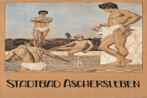 Ein Plakat für ein Schwimmbad in Aschersleben, Deutschland, das Menschen im Wasser zeigt und Text über die Einrichtungen des Bades.