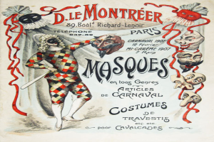 Ein Plakat, das ein Karnevalsfest in Paris, Frankreich, ankündigt, mit einer Person in Kostüm, die einen Stock hält, umgeben von Text und Bildern von Masken.