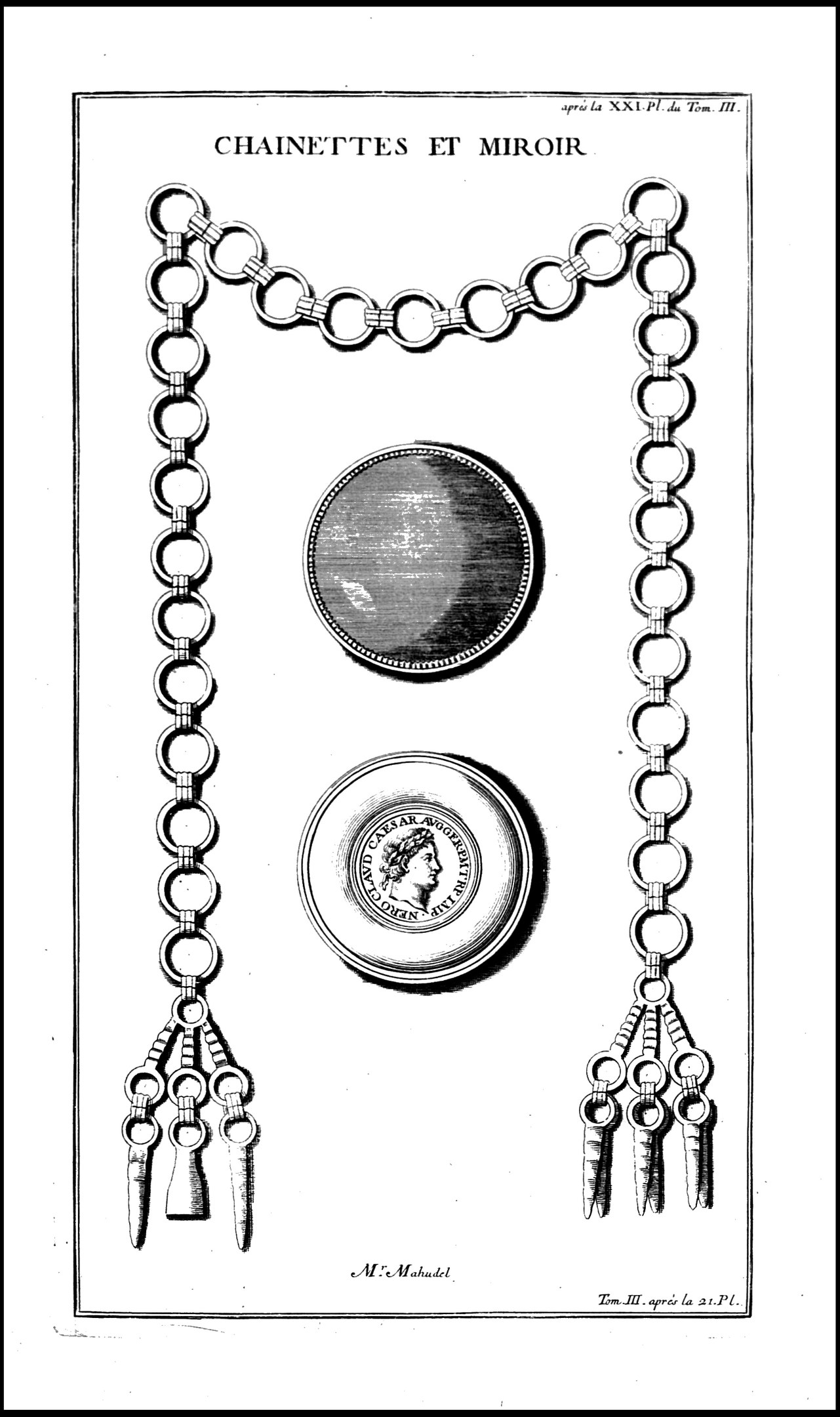 Schwarz-weiß-Illustration einer komplex gestalteten Kette mit einer zentralen Münze, umgeben von fettem Text.