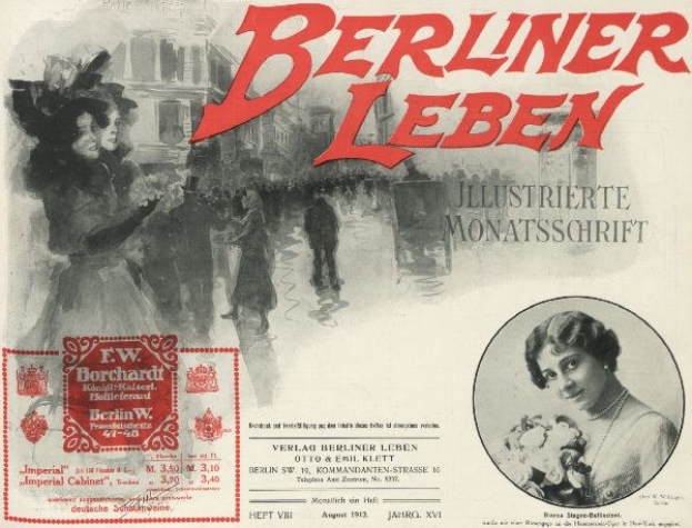 Anzeigenplakat für den Berliner Leben-Film, das eine Gruppe von Menschen vor einem Gebäude zeigt, mit Text, der den Film und seine Charaktere beschreibt.